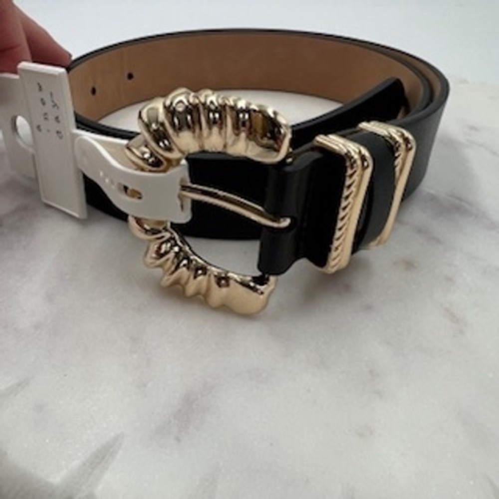 A New Day Womens Black Belt Gold Textured Buckle TRF25-0006 Medium NWT